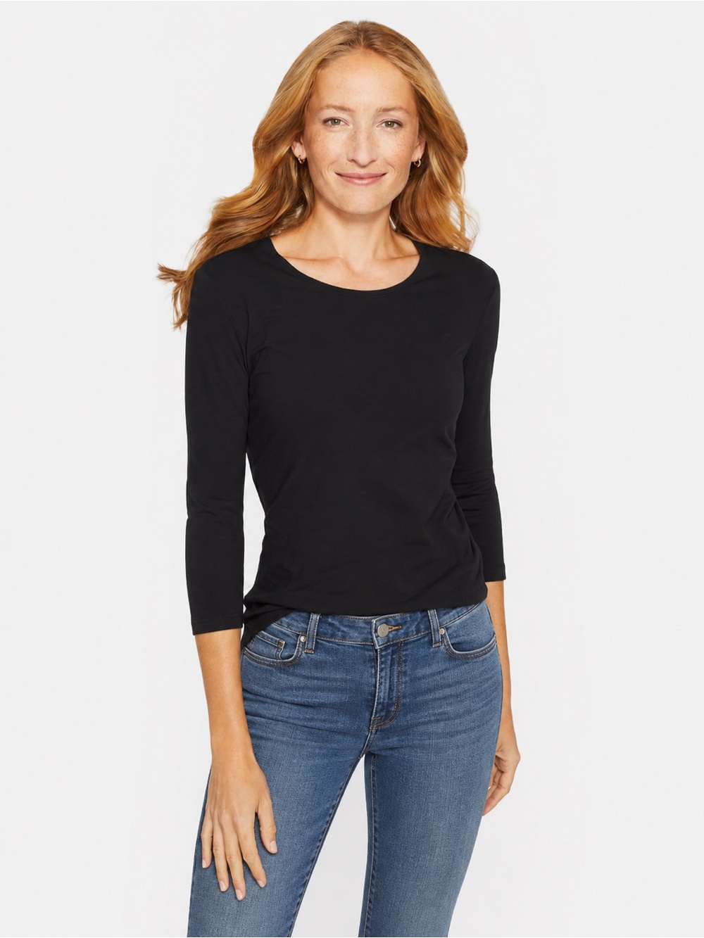 J. McLaughlin Classic Crewneck Catalina Cloth Stretch 3/4 Sleeve Top Black 1019